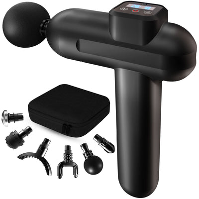 Black 20 speed brushless massage gun with top digital display, carrying case and 6 interchangeable heads
