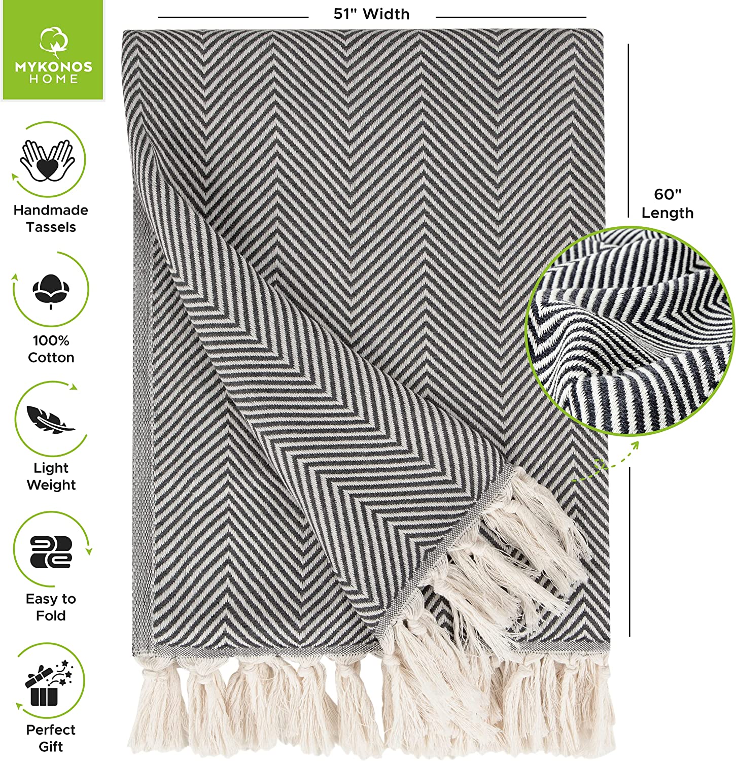 Turkish Cotton Throw Blanket – Lightweight, Soft & Breathable 50x70 inch Dark Gray