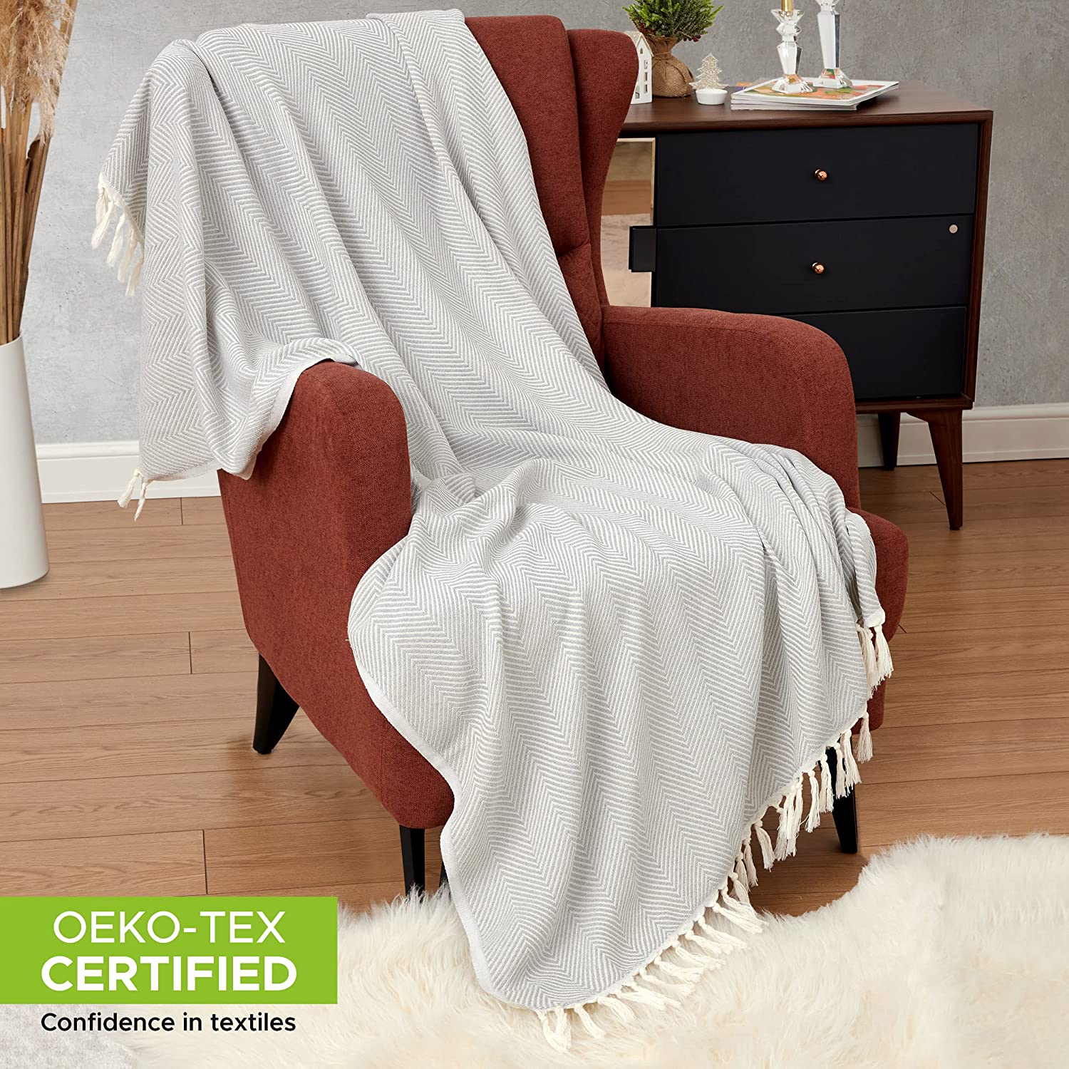 Turkish Cotton Throw Blanket – Lightweight, Soft & Breathable 50x70 inch Light Gray