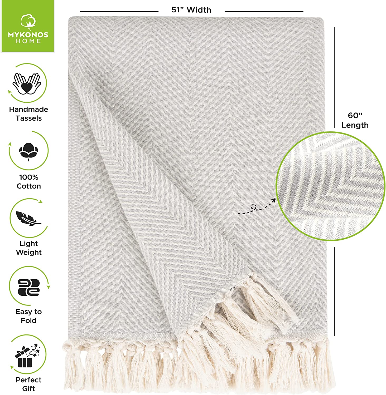 Turkish Cotton Throw Blanket – Lightweight, Soft & Breathable 50x70 inch Light Gray