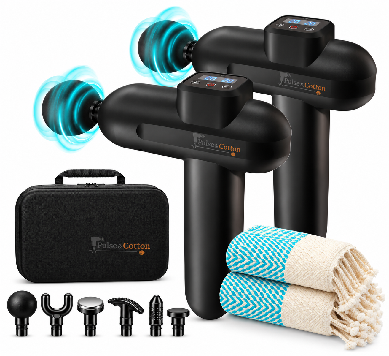 Massage gun 2-pack: two black 20 speed massage guns, carrying case, 6 heads and a Turkish cotton towel set
