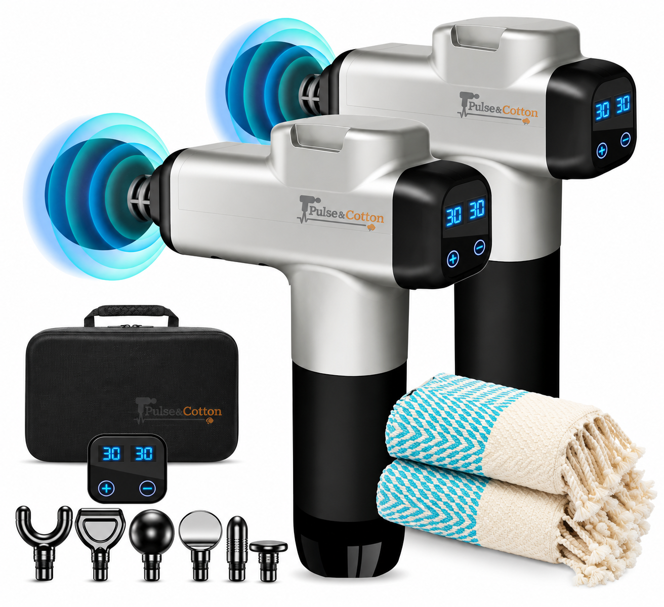 Massage gun 2-pack: two gray 30 speed massage guns, carrying case, 6 heads and a Turkish cotton towel set